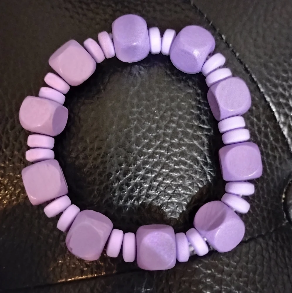 Purple Beaded Wooden & Polymer Clay Kids Bracelet Elastic String